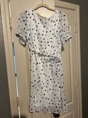 DKNY White Midi Dress with Navy Polka Dots